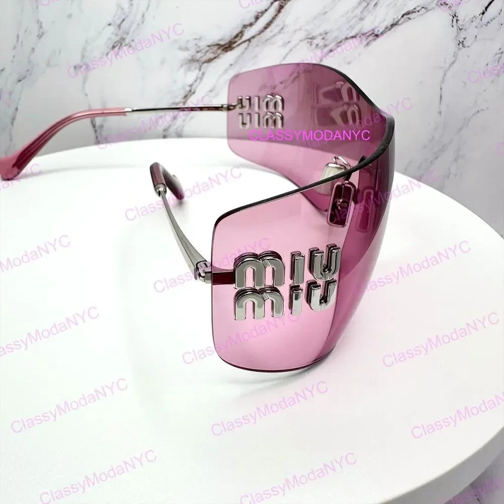 New MIU MIU Sunglasses Aube Silver Pink Mirror Rimless Wrap Authentic Womens